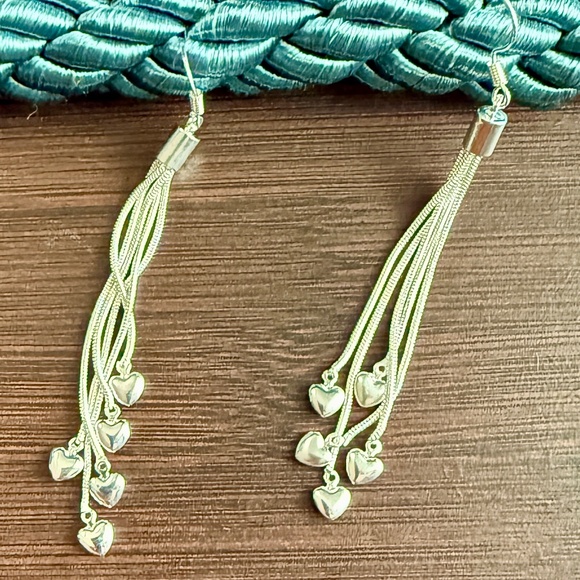 NEW Sterling Silver Tassel Heart Dangle Earrings - Picture 7 of 8